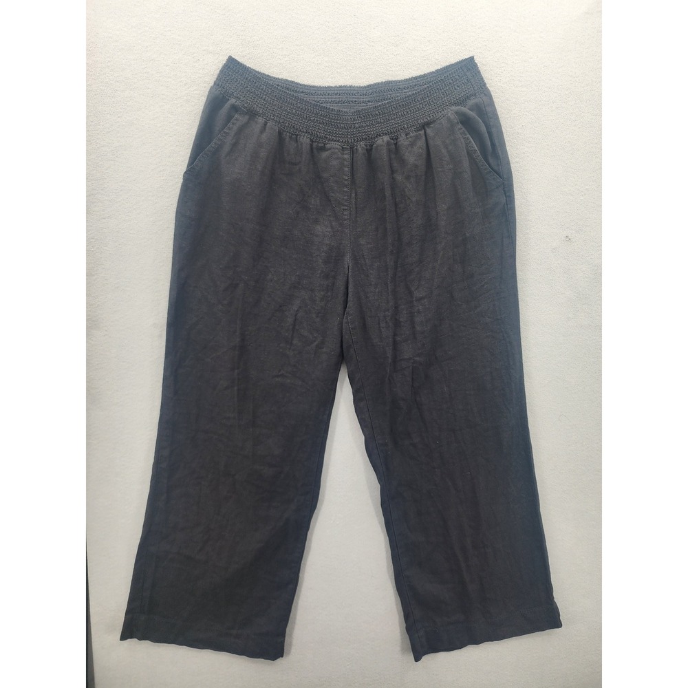 Briggs Black Linen Blend Wide Leg Cropped Pants Smocked Waist‎ Womens XL Coastal